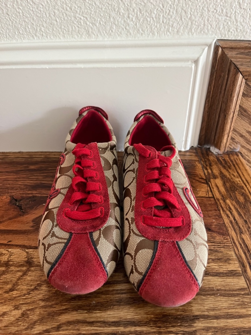 Coach Brown Signature Canvas Sneakers with Red Suede Accents